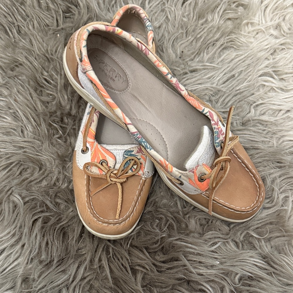Sperry Tan and White Floral Boat Shoes